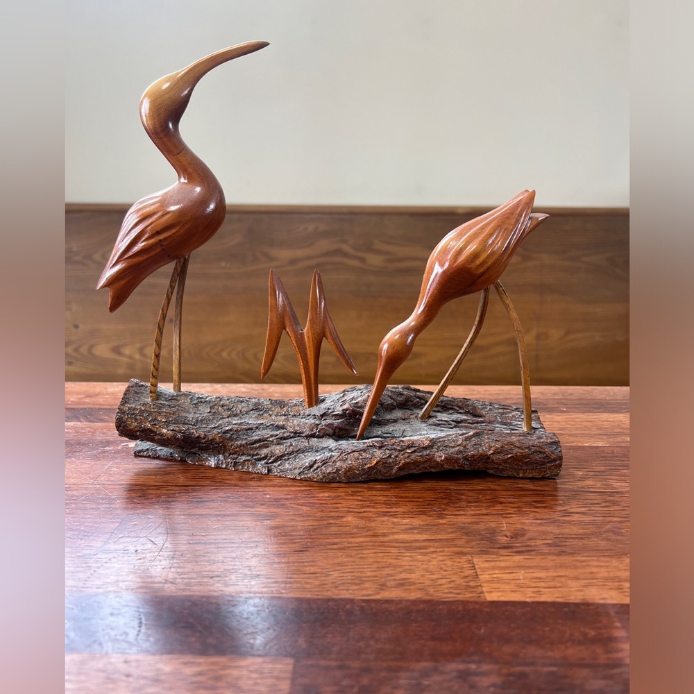 Mid Century Signed Bird Crane Wood Carving